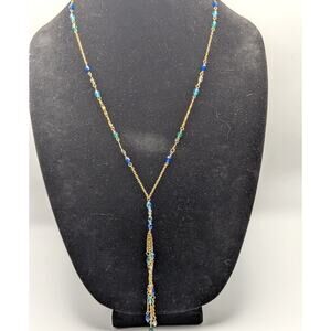 Vintage Gold Tone Blue Crystal Beaded Tassel Y Necklace Scroll 24in Boho